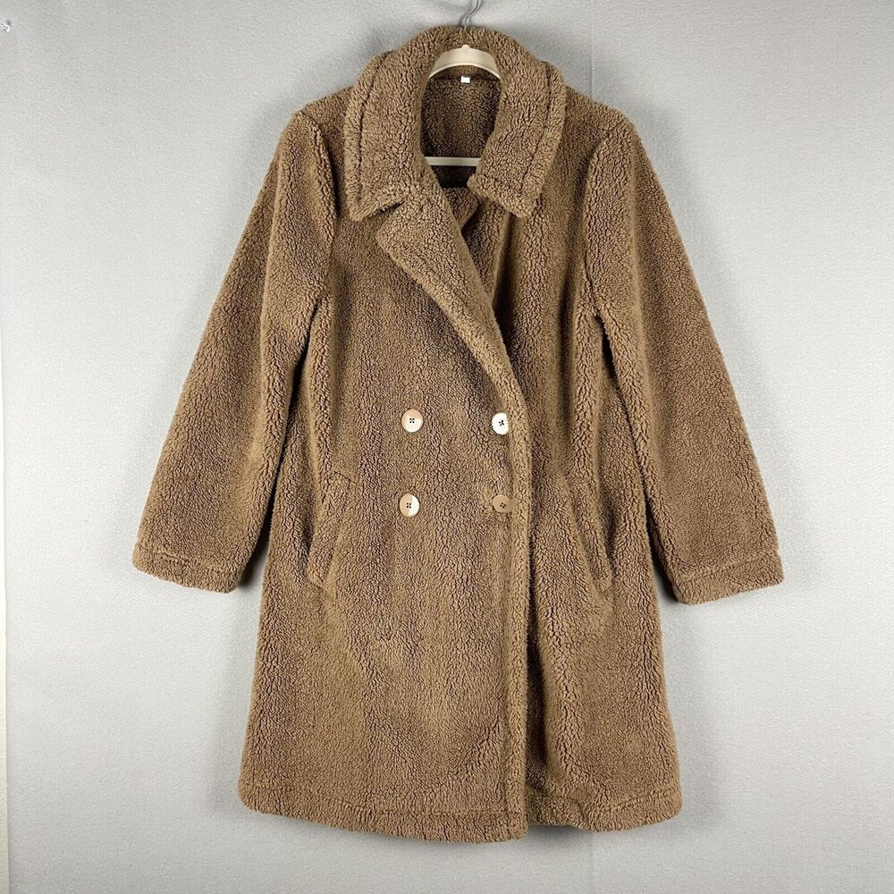 Z Supply Cozy Sherpa Long Pea Coat Womens Medium Tan Double Breasted Teddy Soft
